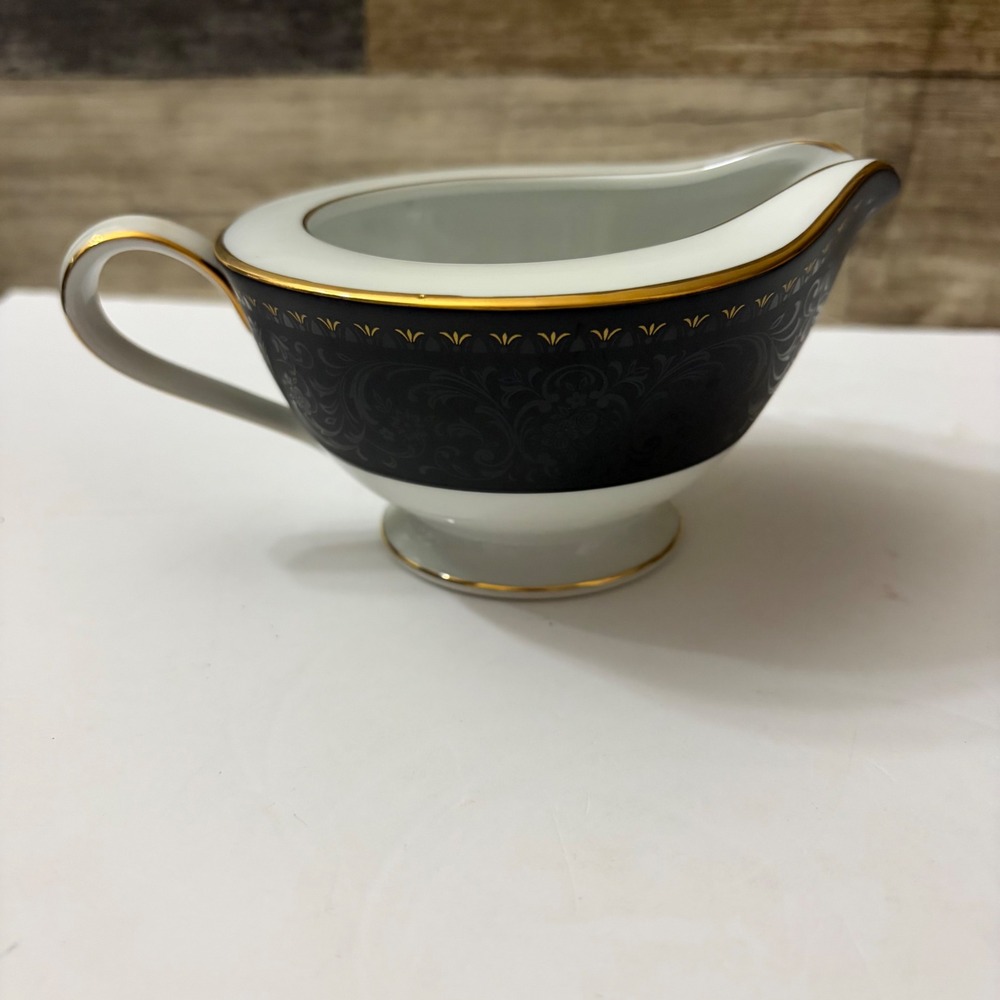 Noritake Benedicta 6976 Creamer Pitcher Black Gold Damask Fine China Japan
